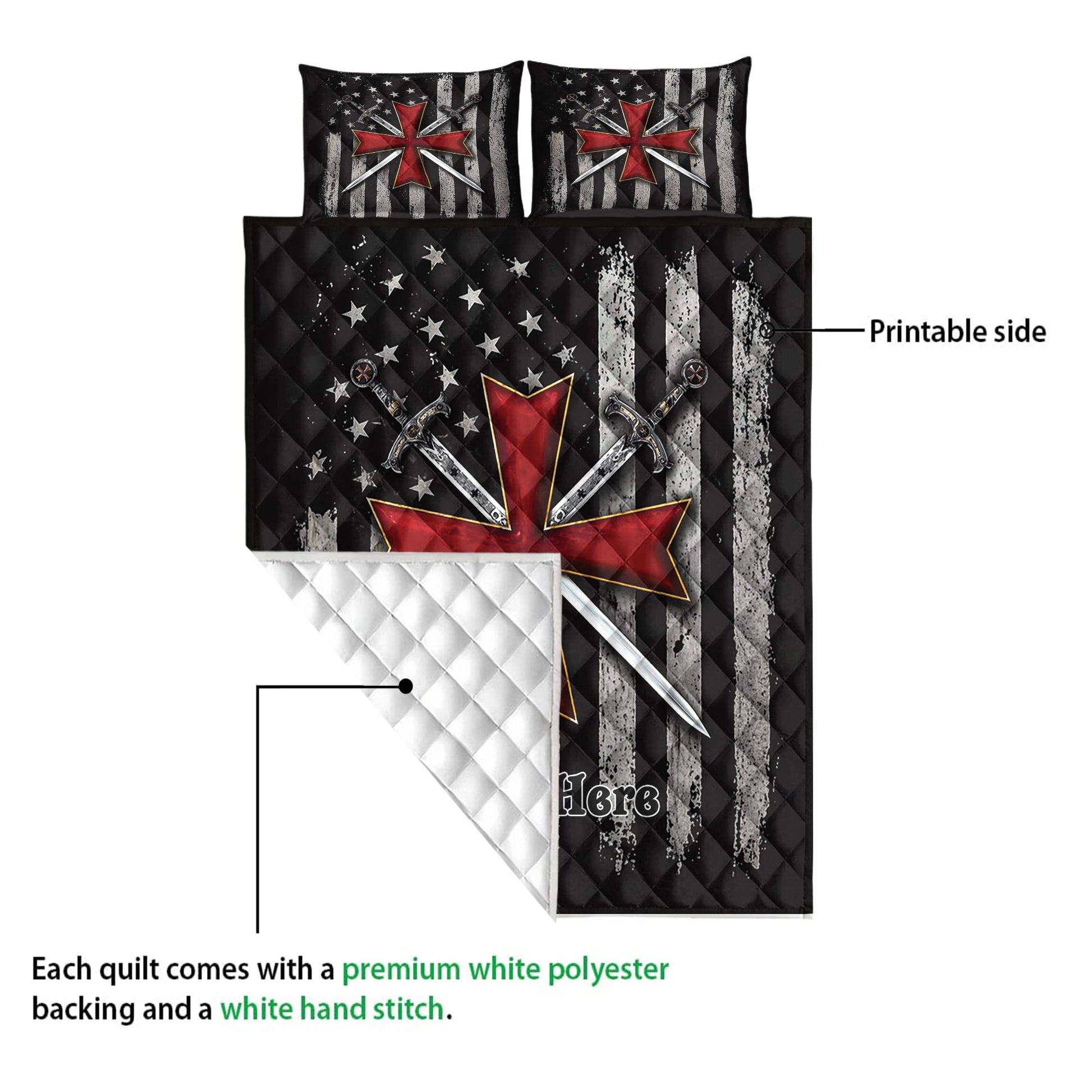 Knights Templar quilt blanket showing the printed front, quilted backing, red cross, and crossed sword design