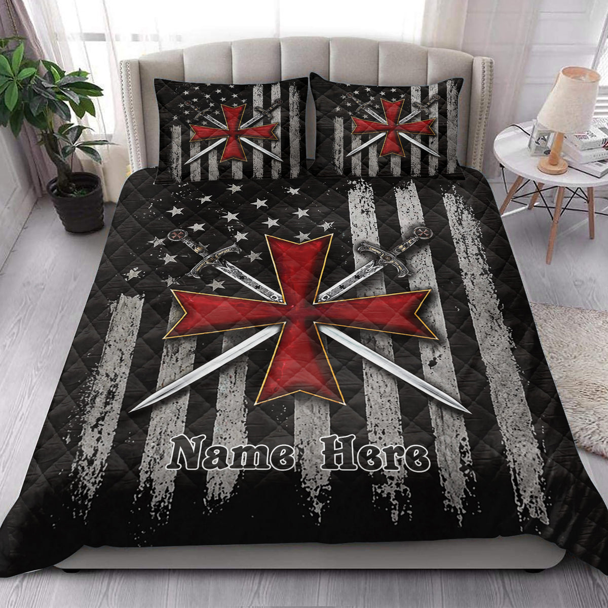 Knights Templar quilt bedding styled in a bedroom with bold red crosses, crossed swords, and black medieval artwork