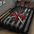 Close bedroom view of Knights Templar quilt blanket with distressed black stripes, red cross, stars, and crossed swords