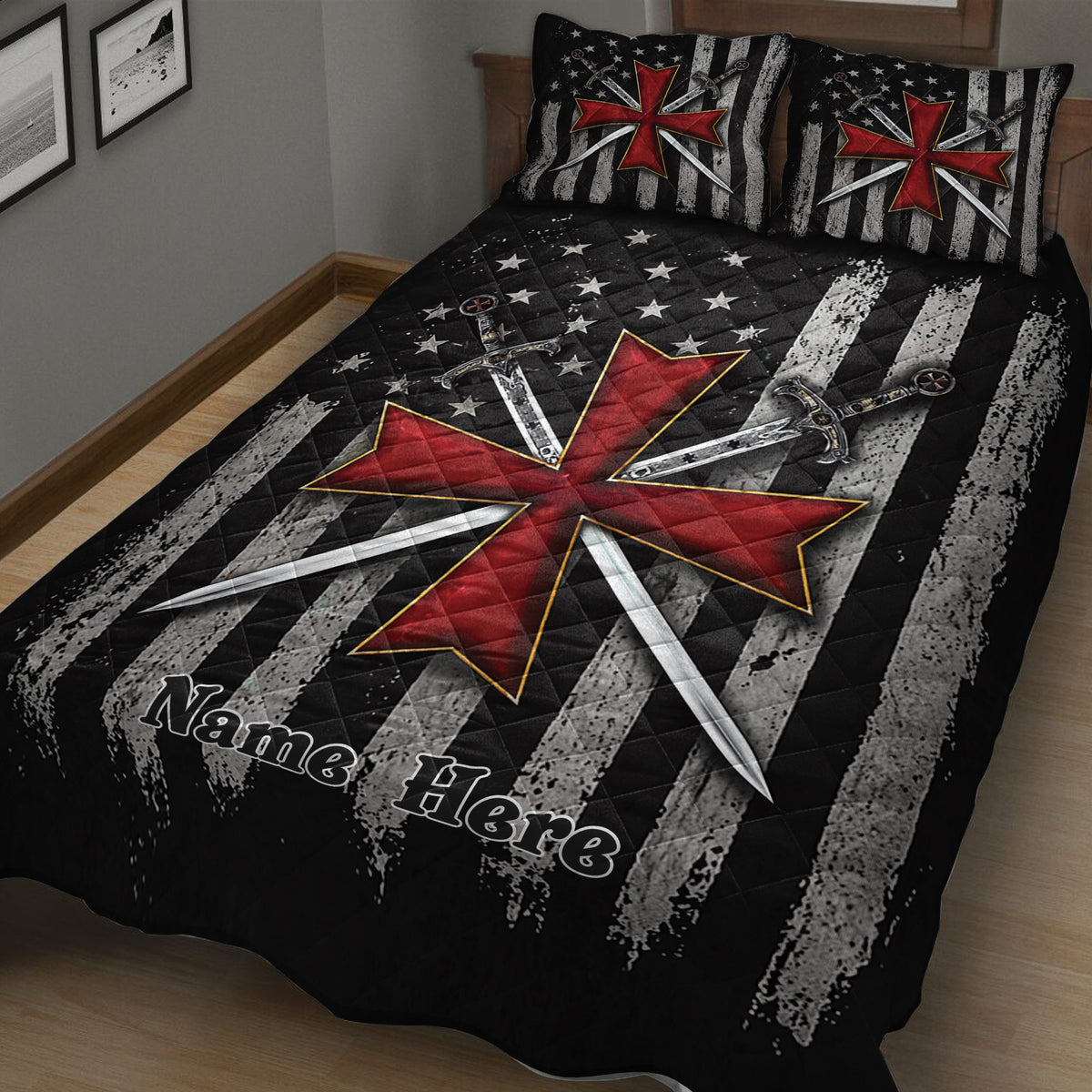 Close bedroom view of Knights Templar quilt blanket with distressed black stripes, red cross, stars, and crossed swords