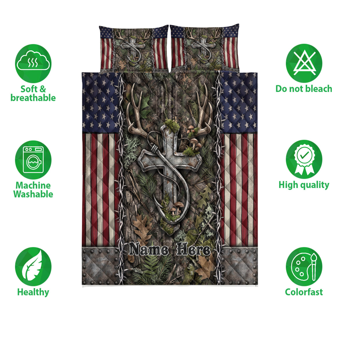 Hunting quilt bedding set shown front-facing with deer antler artwork, camouflage details, and flag-inspired borders