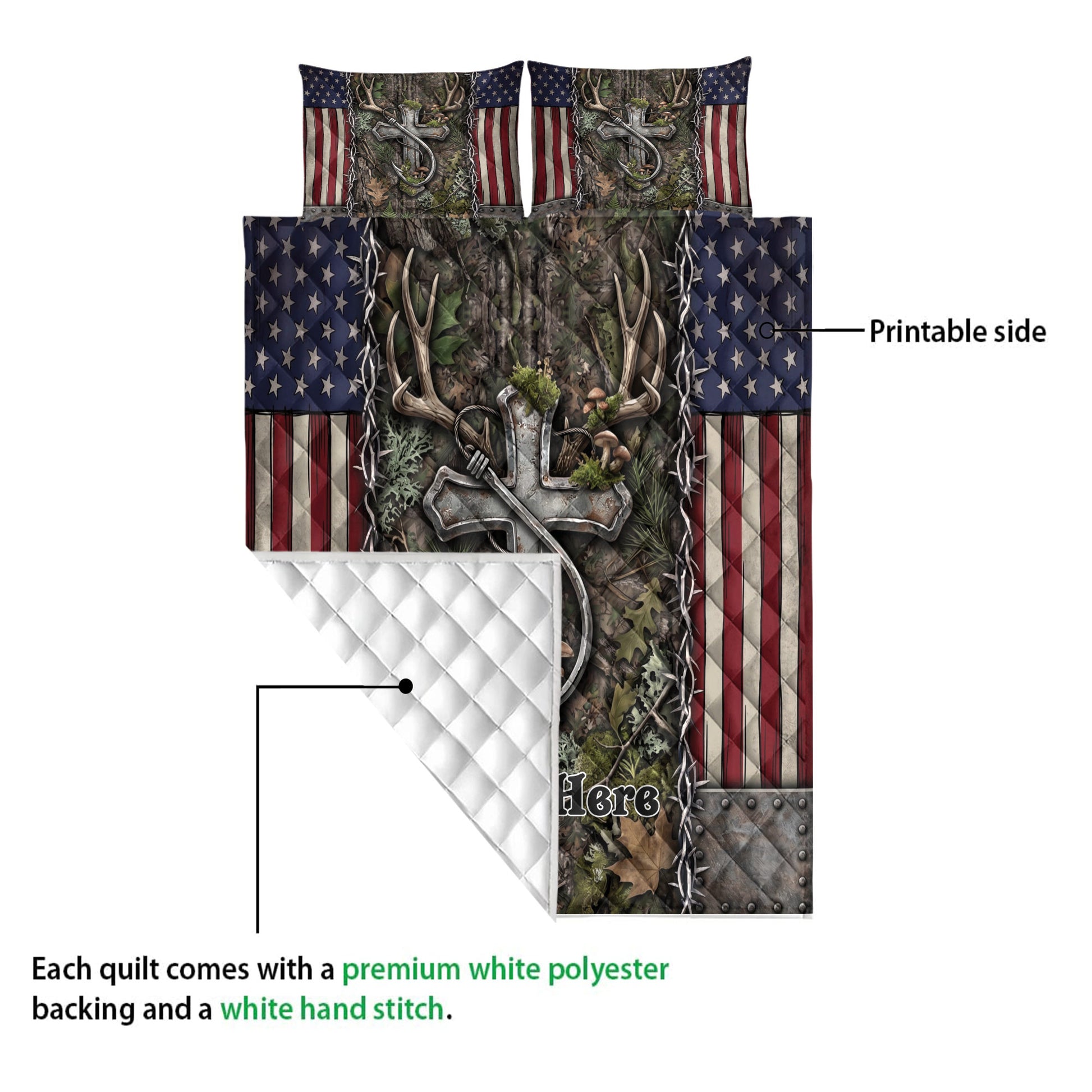Hunting quilt showing the printed front and white quilted backing with rustic deer antler artwork