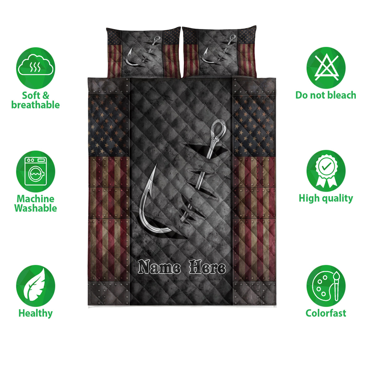 Fishing quilt bedding set with hook artwork, dark diamond quilting, and red, gold, and navy accents
