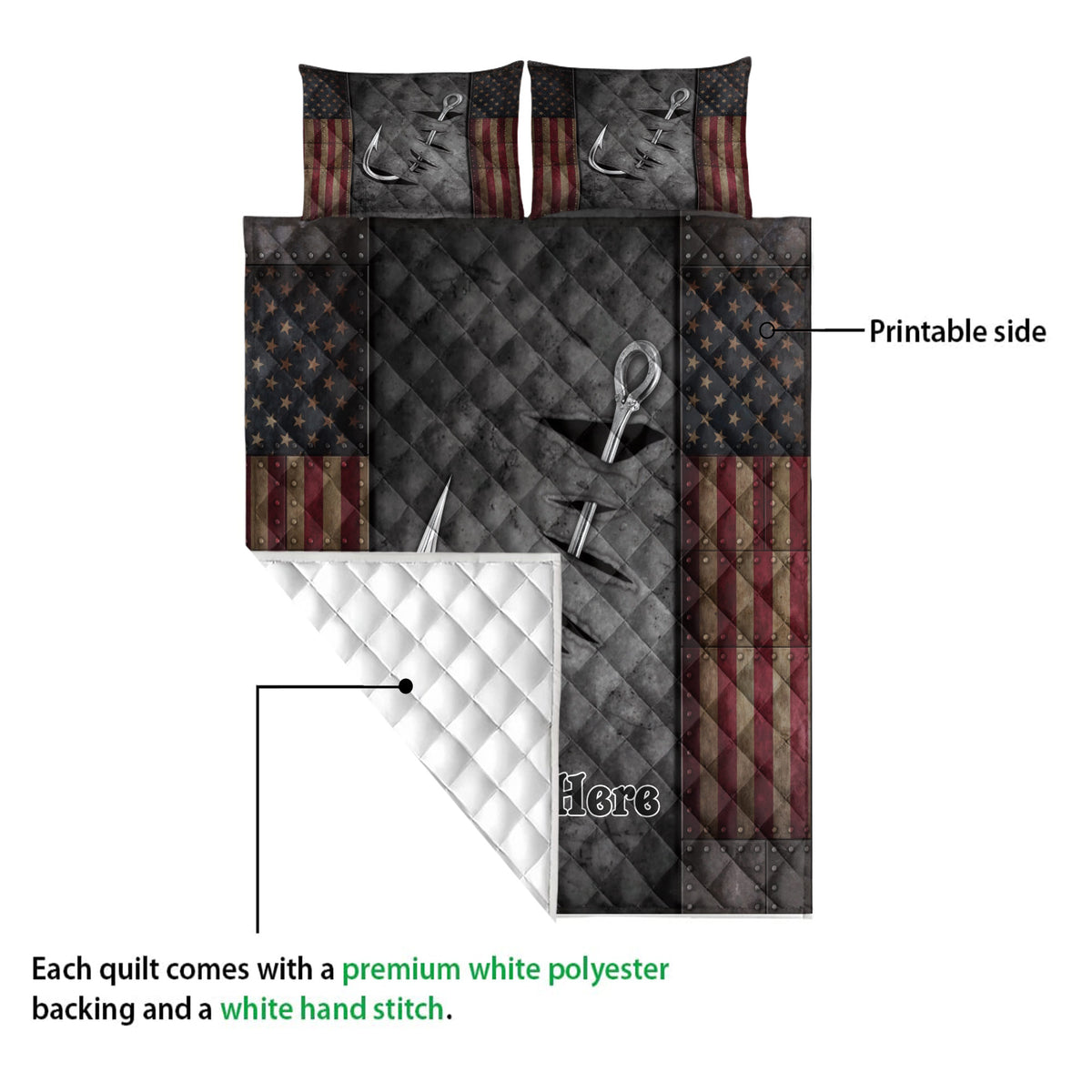 Fishing quilt shown with printed front artwork and white quilted backing in a product detail view
