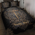 Black Christian cross quilt blanket styled on a bed with Celtic knotwork, chain details, and gold accents