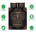 Christian cross quilt bedding set shown flat with black and bronze artwork and surrounding feature icons