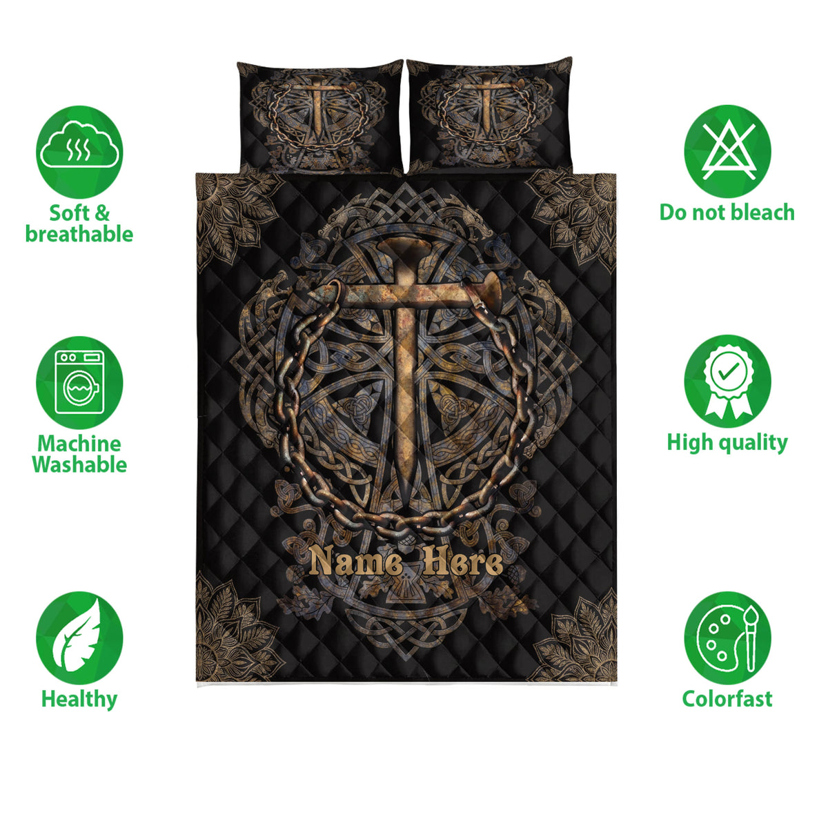 Christian cross quilt bedding set shown flat with black and bronze artwork and surrounding feature icons