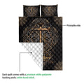 Christian cross quilt showing the printed front and white diamond-stitched reverse backing