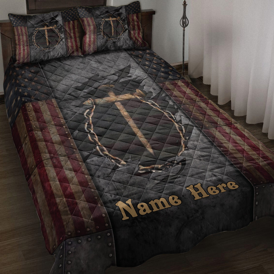 Christian quilt blanket displayed on a bed with a cross, crown of thorns, and patriotic flag accents