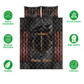 Christian quilt bedding set shown with cross artwork, patriotic borders, and product feature icons