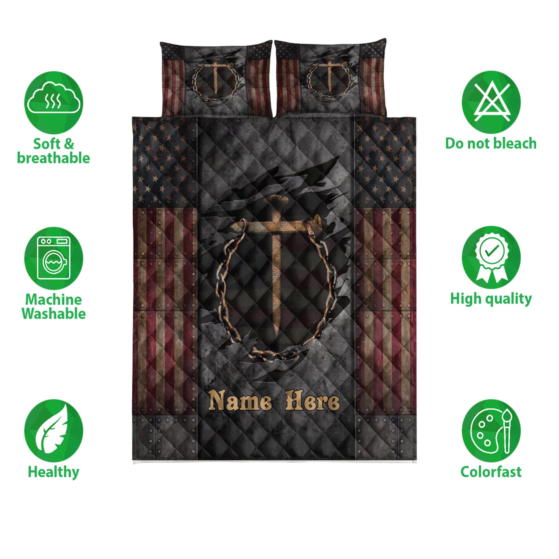 Christian quilt bedding set shown with cross artwork, patriotic borders, and product feature icons