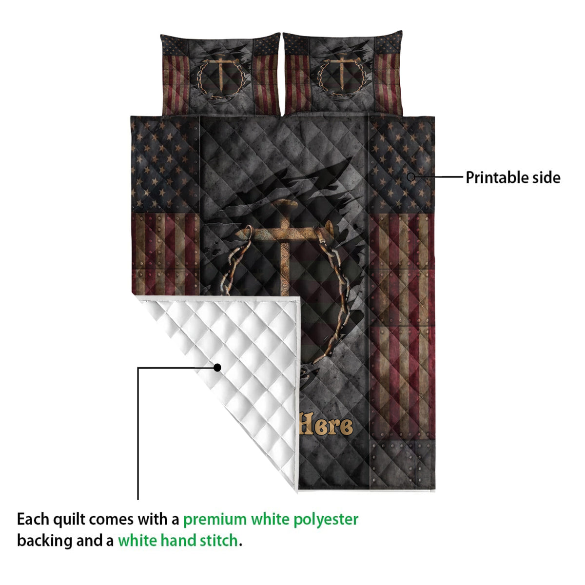 Christian quilt blanket showing the printed cross design and white quilted backing