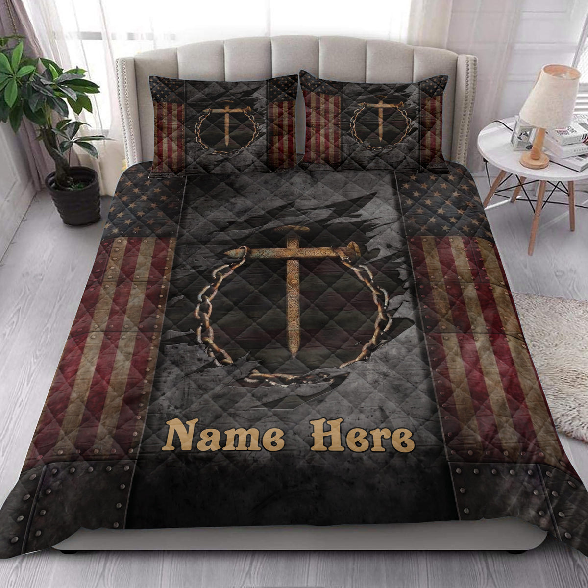 Christian cross quilt blanket styled on a bedroom bed with matching printed pillow covers