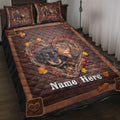 Dachshund quilt bedding set with two dogs in a rustic autumn wreath on a woodgrain background