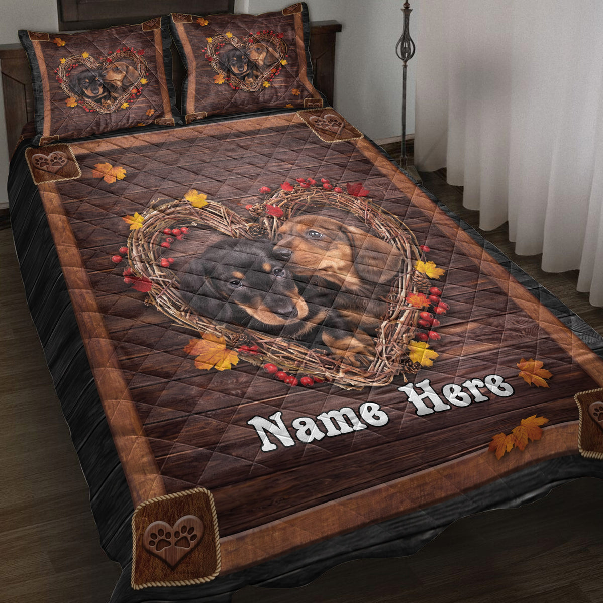 Dachshund quilt bedding set with two dogs in a rustic autumn wreath on a woodgrain background