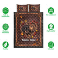 Dachshund quilt blanket shown with rustic dog artwork and product feature icons
