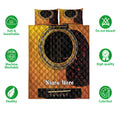 Acoustic guitar quilt bedding set shown with matching pillow designs and feature icons