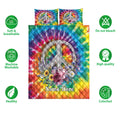 Colorful hippie quilt bedding set with peace symbol, flowers, tie-dye artwork, and feature icons
