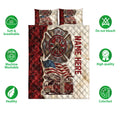 Firefighter quilt bedding set shown with fire truck and flag artwork alongside soft, breathable, and washable feature icons