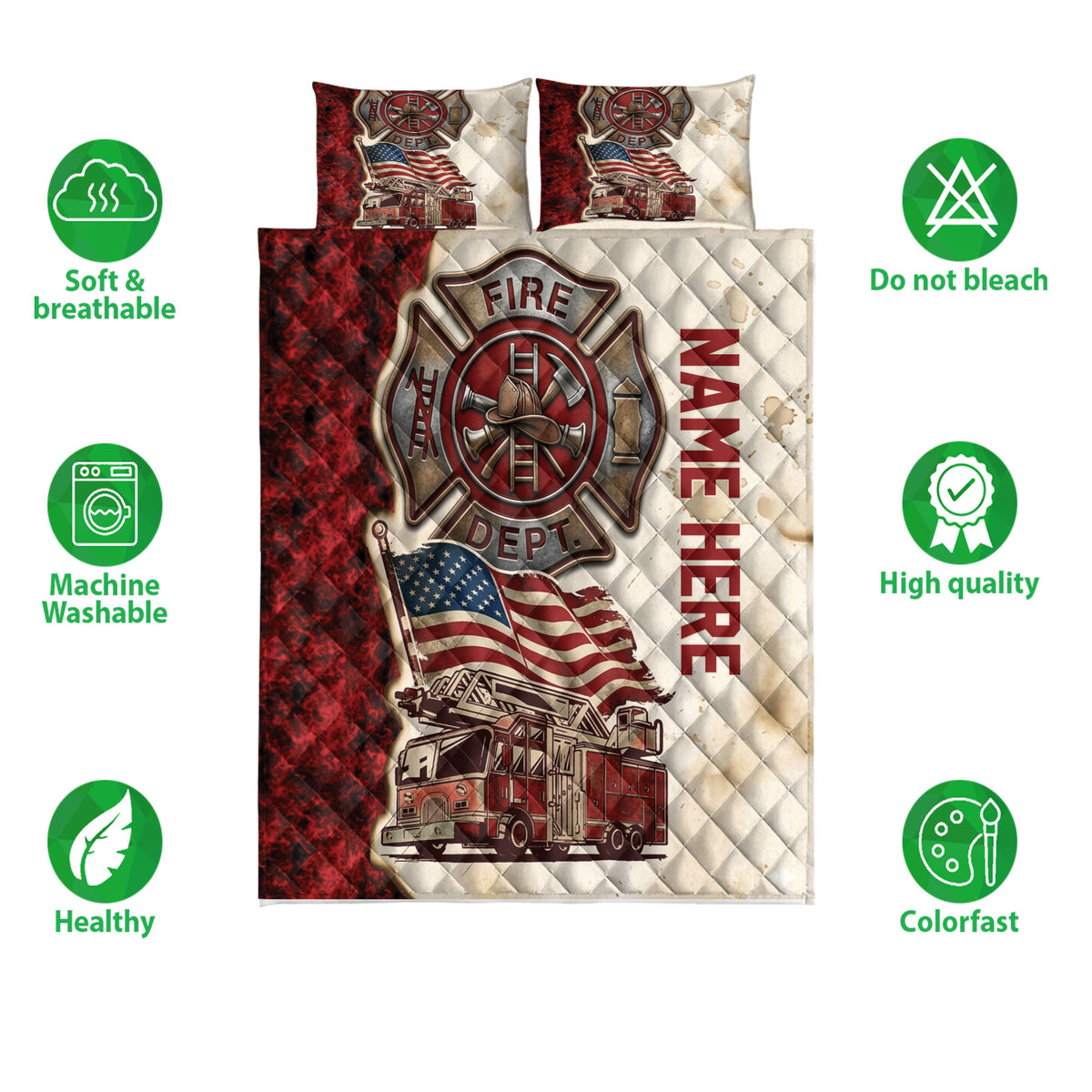 Firefighter quilt bedding set shown with fire truck and flag artwork alongside soft, breathable, and washable feature icons