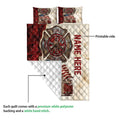 Firefighter quilt showing the printed front artwork and white diamond-stitched backing detail