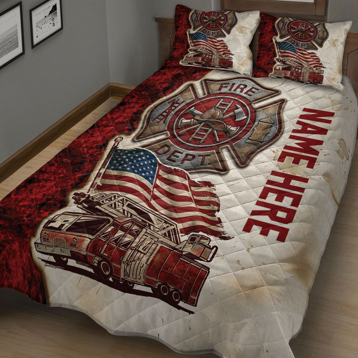 Close bedroom view of a firefighter quilt featuring a large fire department emblem, fire truck, and patriotic design