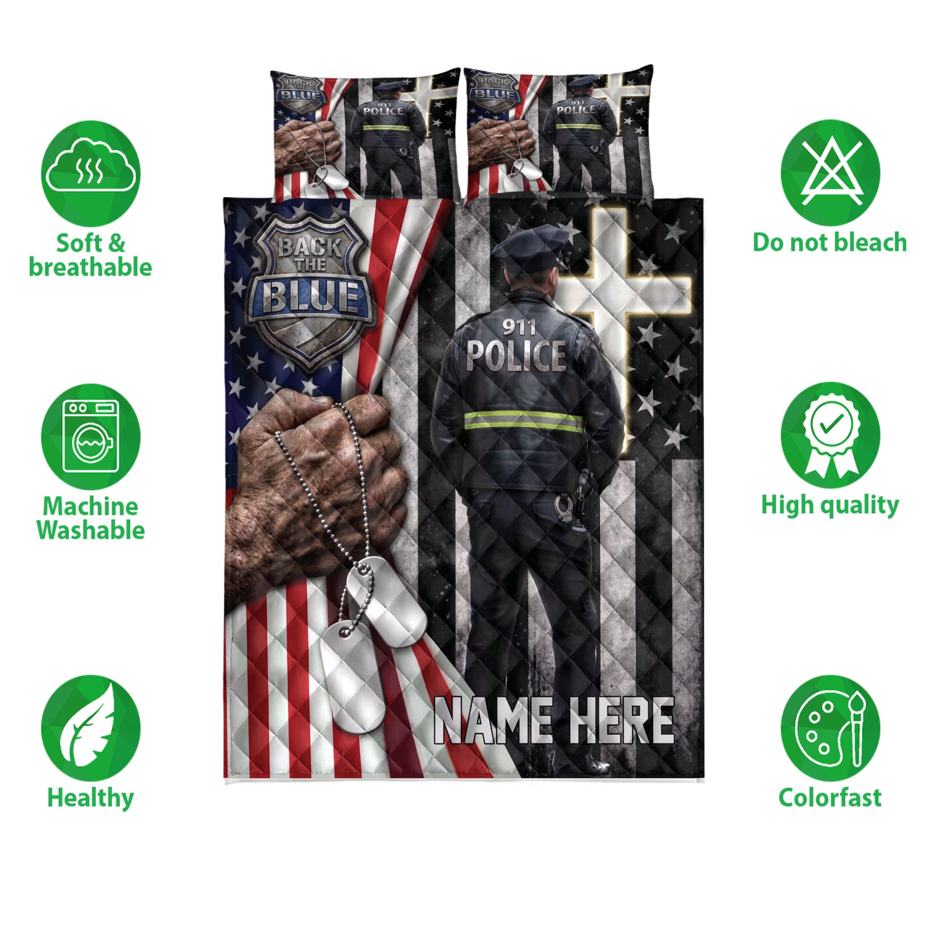 Police quilt bedding set shown with officer artwork, badge design, dog tags, patriotic graphics, and product feature icons