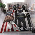 Police quilt bedding styled in a bright bedroom with officer artwork, badge graphics, dog tags, and patriotic flag details