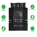 Police quilt bedding set shown with badge artwork, stars, blue accents, and product feature icons