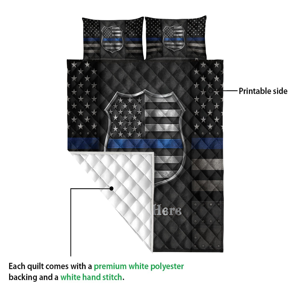 Police quilt blanket shown with printed black and blue badge design and white quilted backing