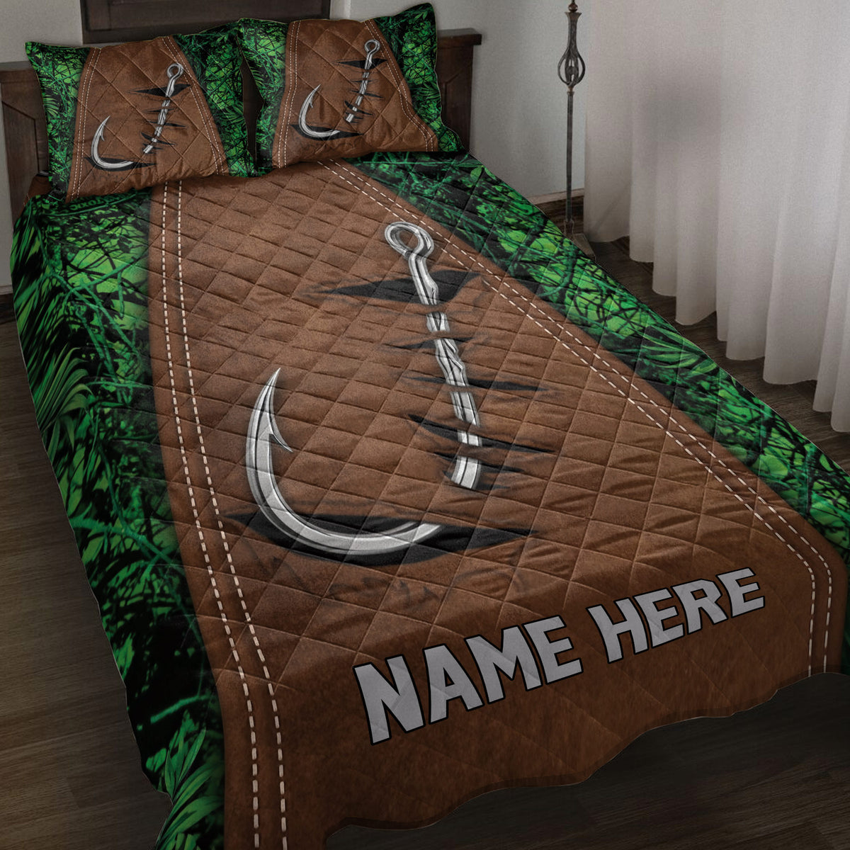 Fishing quilt blanket displayed on a bed with brown tackle-inspired artwork and green camouflage foliage