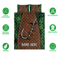 Fishing quilt bedding set with hook artwork, camouflage border, and product feature icons