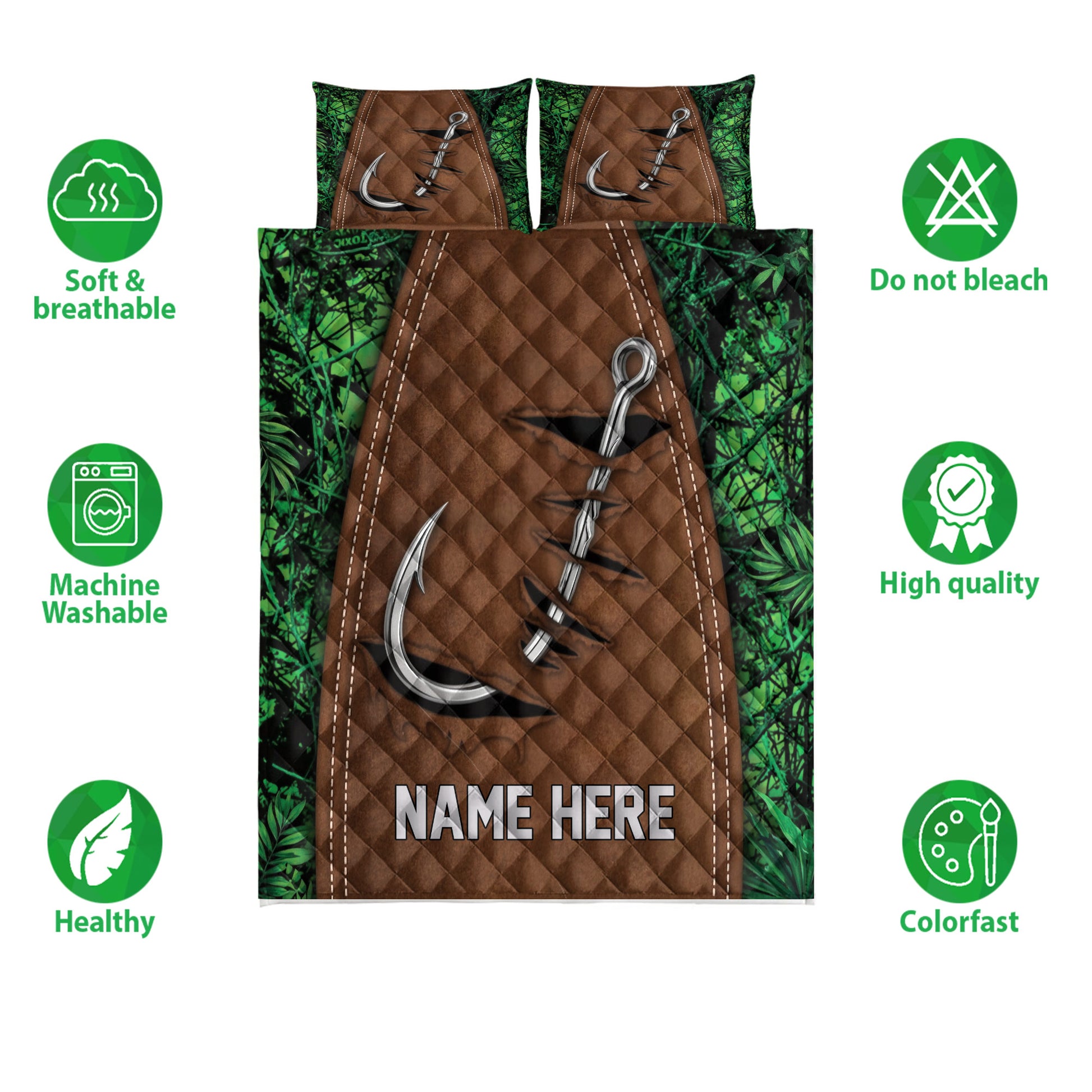 Fishing quilt bedding set with hook artwork, camouflage border, and product feature icons