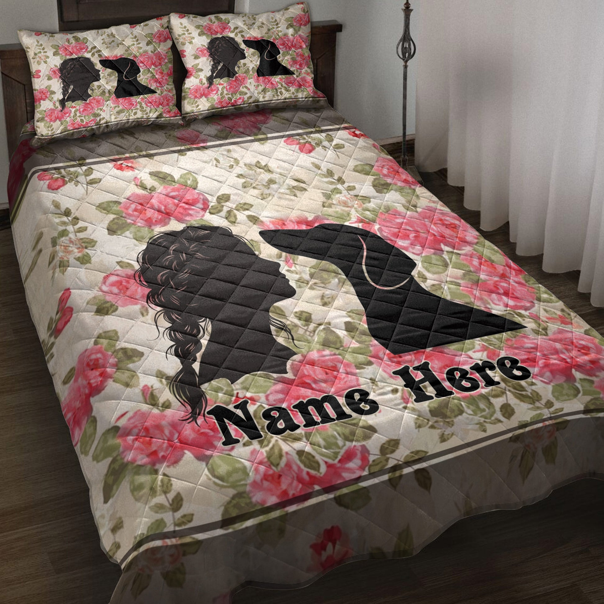 Custom Dachshund Quilt Blanket with Woman and Wiener Dog Silhouette, Pink Rose Floral Artwork