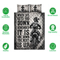 Motocross quilt bedding set shown with dirt bike artwork and product feature icons on a white background