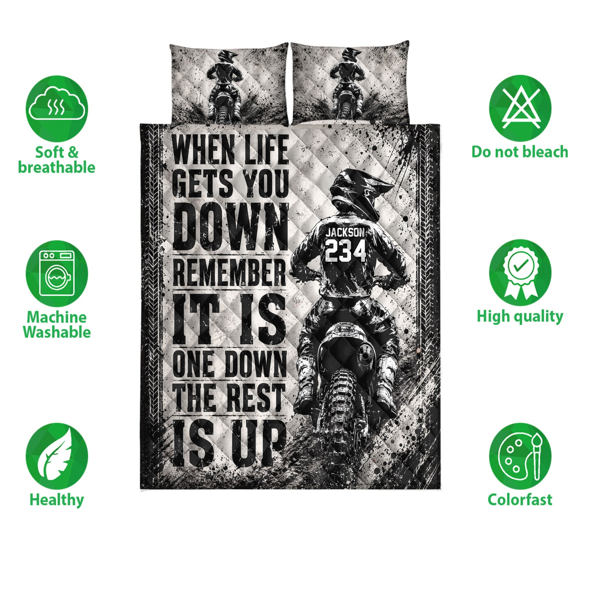 Motocross quilt bedding set shown with dirt bike artwork and product feature icons on a white background