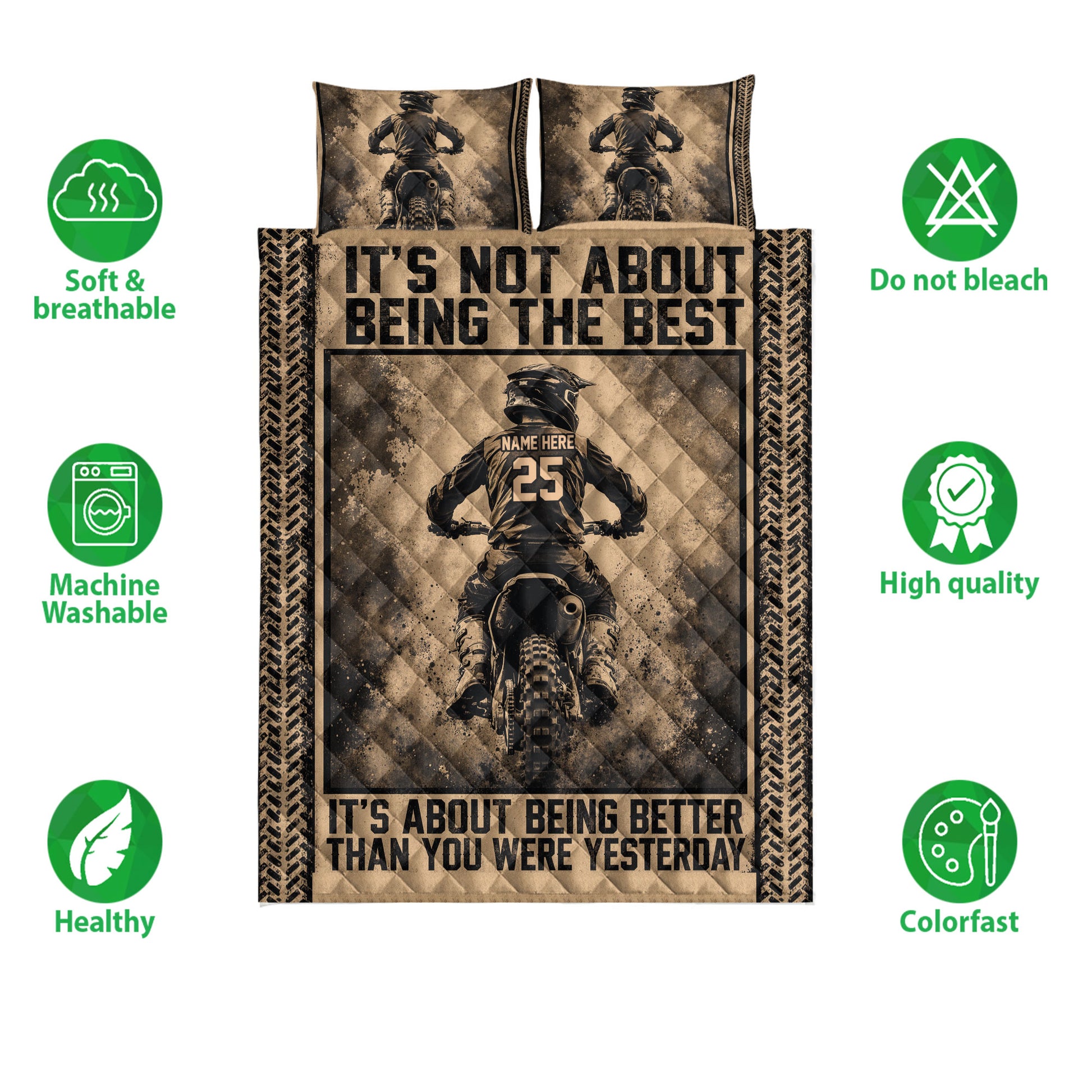 Motocross quilt bedding set shown with dirt bike artwork and visual product feature icons