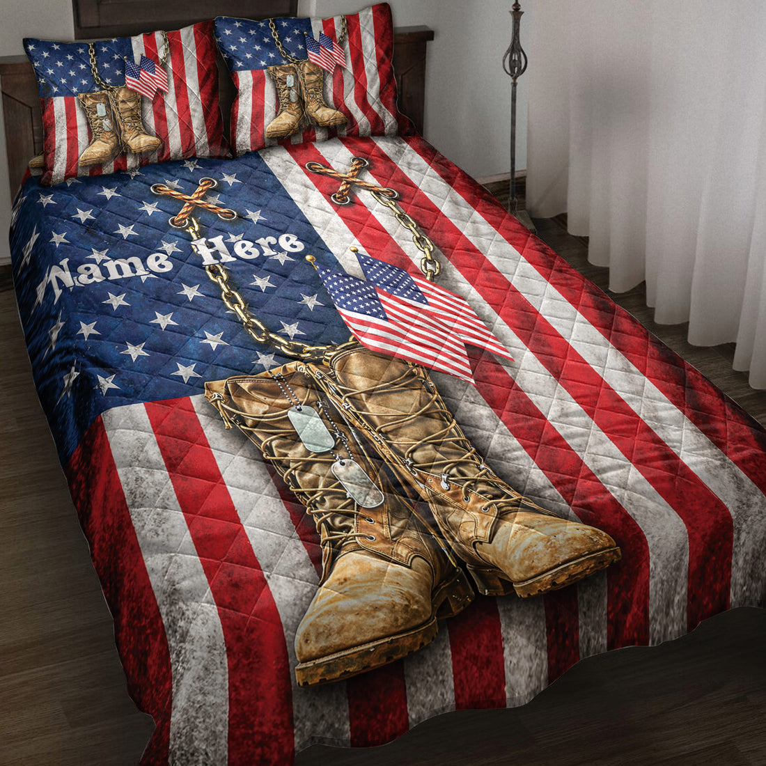 Veteran quilt blanket featuring combat boots, dog tags, American flags, and patriotic red, white, and blue artwork