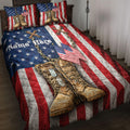 Veteran quilt blanket featuring combat boots, dog tags, American flags, and patriotic red, white, and blue artwork