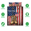 Patriotic veteran quilt bedding set displayed with combat boots, flags, and visible softness and care icons