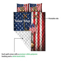 Veteran quilt blanket detail showing printed patriotic artwork, quilted stitching, and a white polyester backing