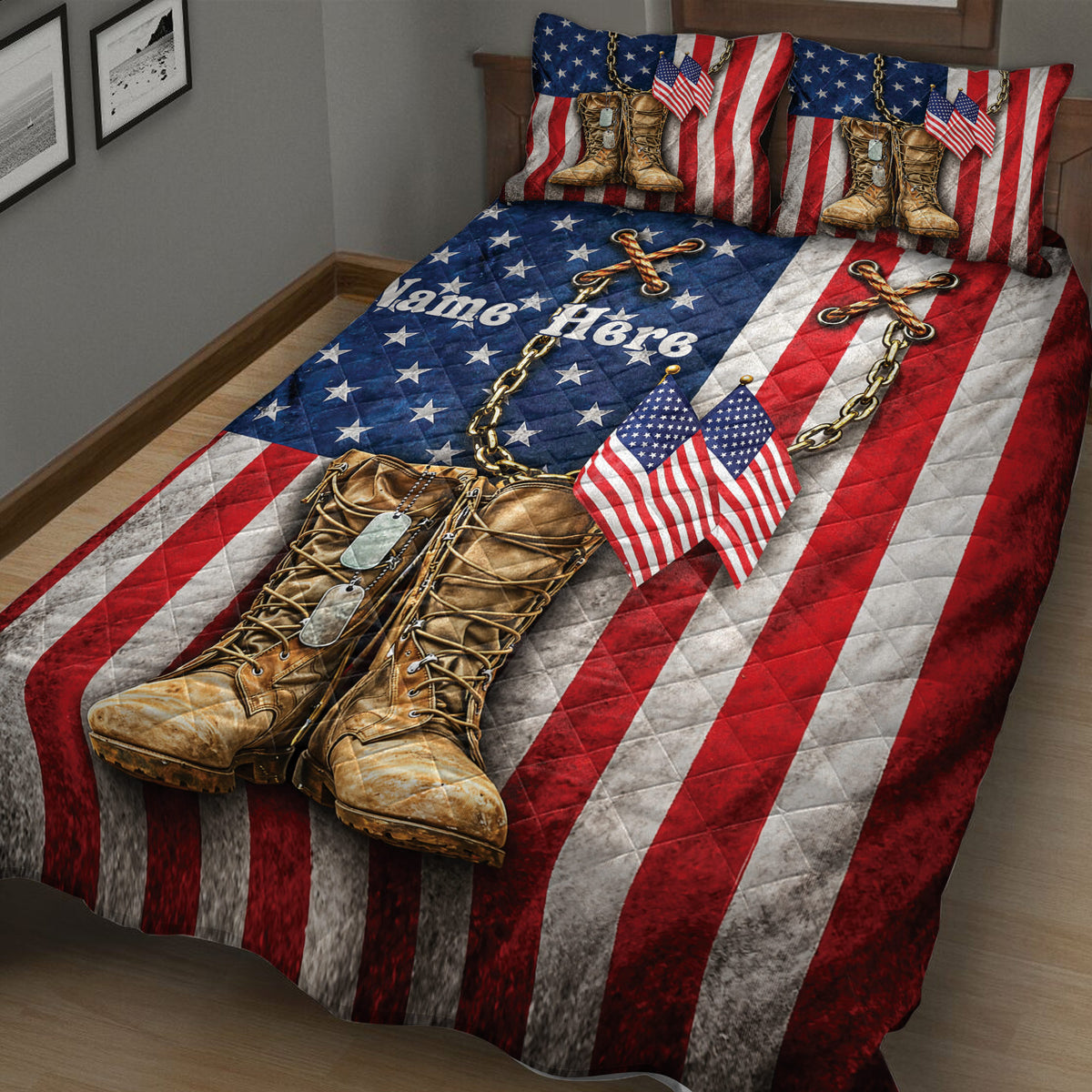 Military veteran quilt bedding displayed on a bed with combat boots, dog tags, flags, and bold patriotic colors