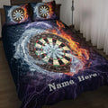Dart board quilt blanket displayed on a bed with fiery flames, splashing water, lightning, and dark purple artwork