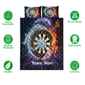 Dart board quilt bedding set shown front-facing with dramatic water, fire, lightning, and colorful sports artwork