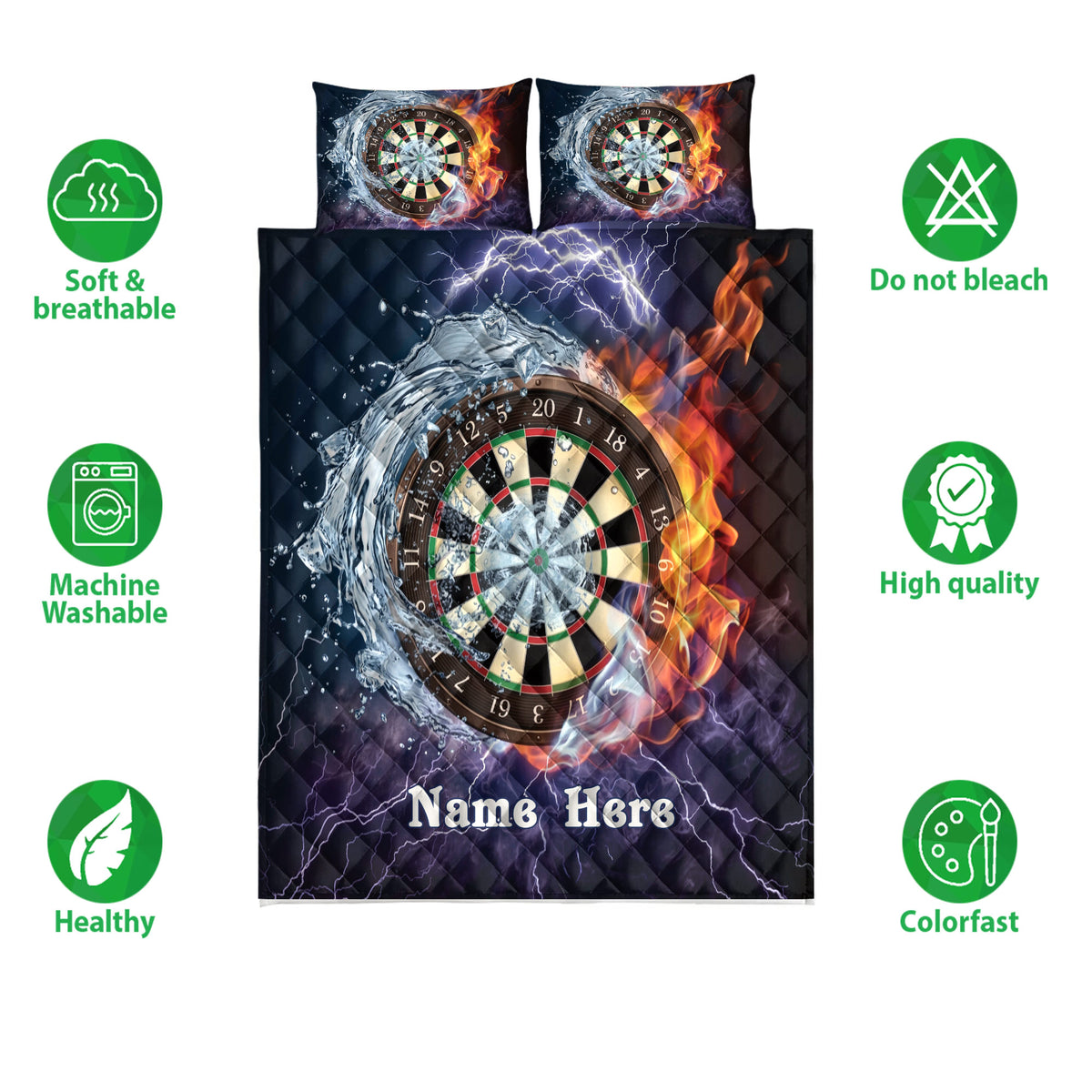 Dart board quilt bedding set shown front-facing with dramatic water, fire, lightning, and colorful sports artwork