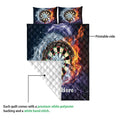 Dart board quilt close-up showing the printed side, quilted surface, and vivid water and flame design