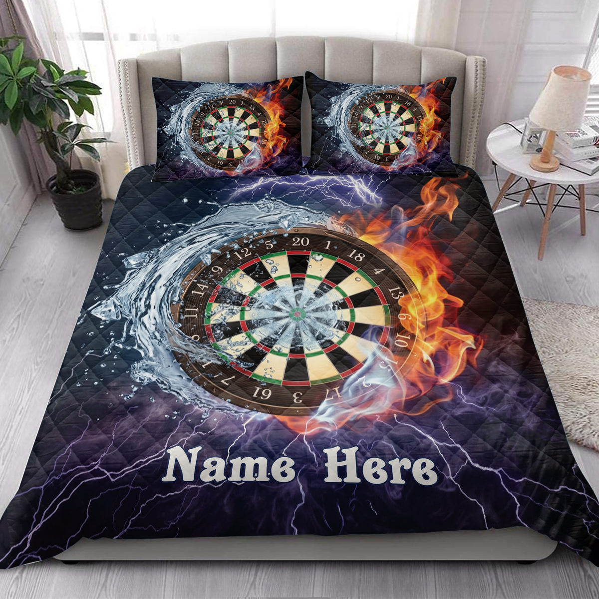Dart board quilt blanket styled in a bedroom with coordinated dartboard artwork and bold lightning effects