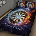 Dart board quilt bedding displayed in a bedroom with a central dartboard, flames, water, and purple lightning