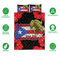 Puerto Rico coqui frog quilt bedding set shown with vibrant flag artwork and a coordinated bedroom quilt layout