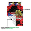 Puerto Rico quilt detail showing the colorful printable front, coqui frog artwork, and white quilted reverse